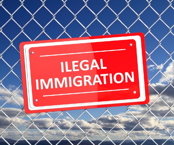 a sign reading illegal immigration on a chain link fence