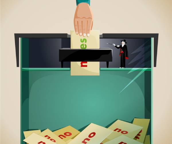 illustration of hand putting yes vote into ballot box with tiny wizard inside changing vote to no