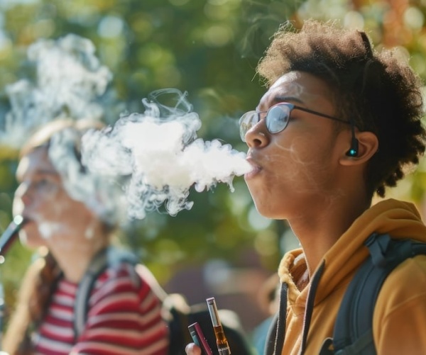 teenaged boy and girl vaping outside