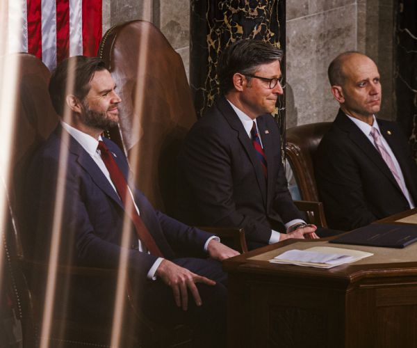 j.d. vance, mike johnson, and donald trump at the state of the union address