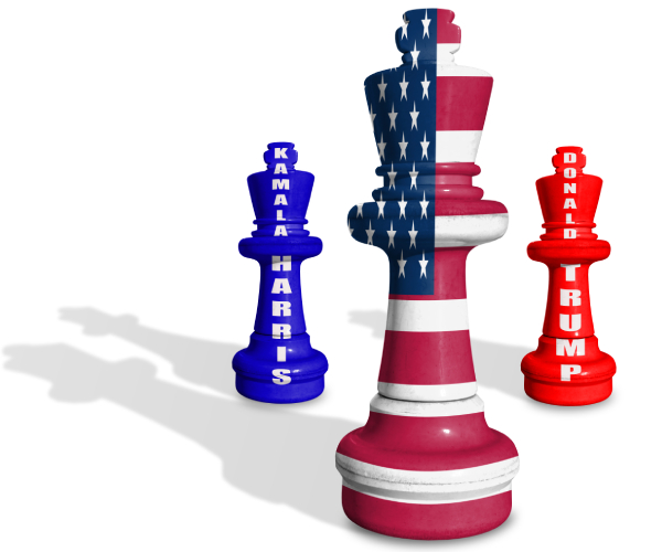 chess pieces labled kamala harris donald trump and the american flag