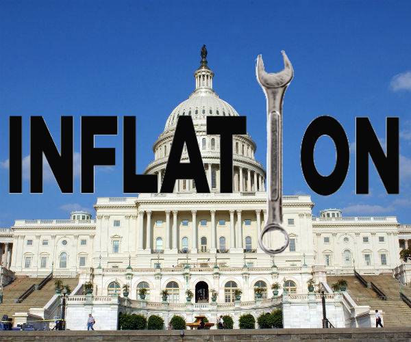 the united states capitol with the word inflation on top with a wrench for the letter i