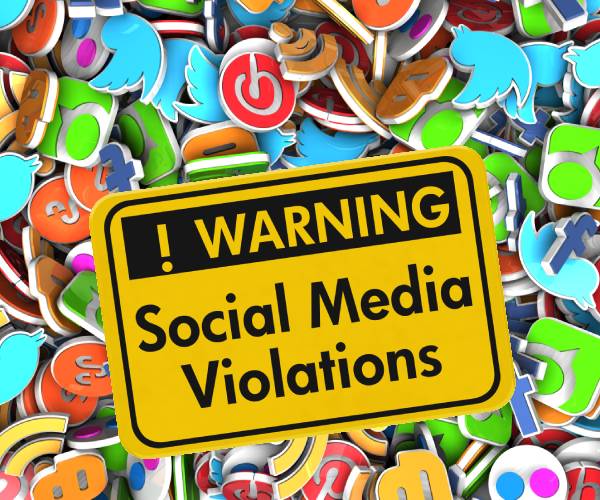 social media icons covered with a warning saying social media violations