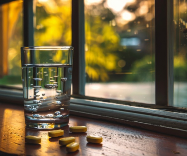 glass of water and pills on table in front of sunny window