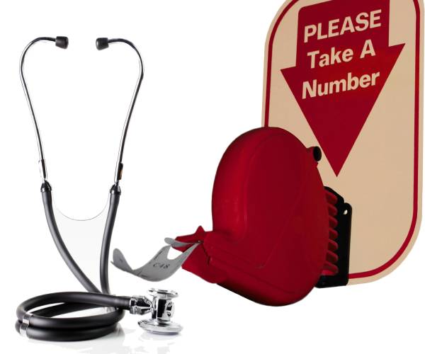 a stethoscope next to a sign reading please take a number