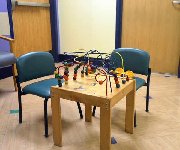 health clinic waiting room with a kid's toy