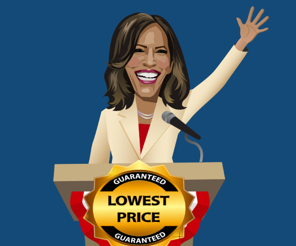 cartoon of kamala harris behind a podium with an emblem on it reading lowest price guaranteed