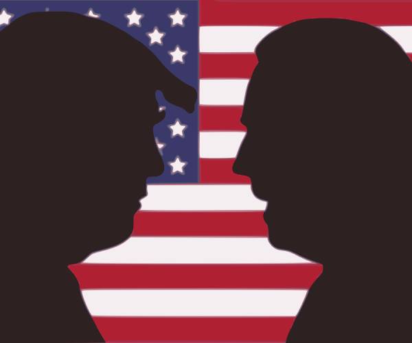 donald trump, joe biden silhouettes with american flag in background