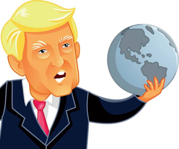 cartoon of trump holding the earth in his hand