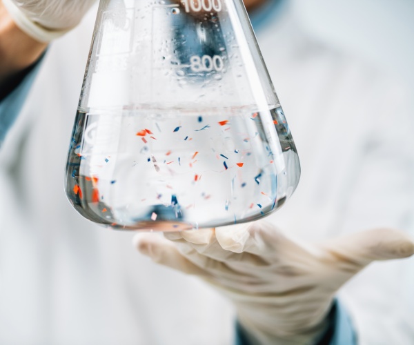 scientist looking at microplastics in test tube