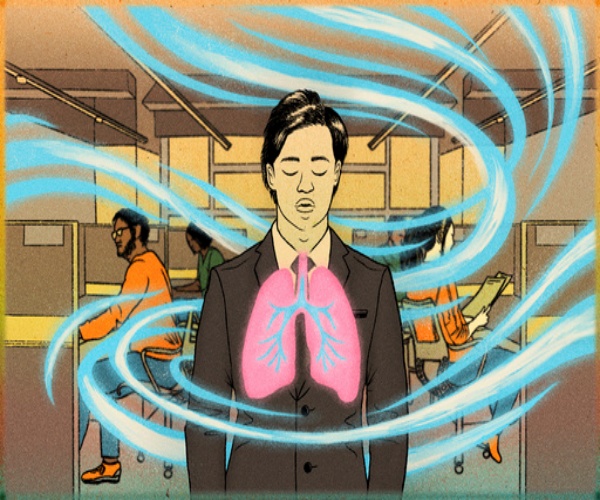 illustration of man doing deep breathing at work