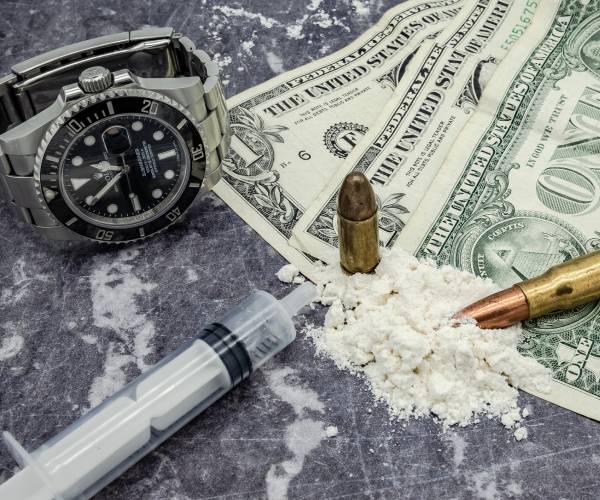 a syringe with white powder dollar bills bullets and a wristwatch on a table