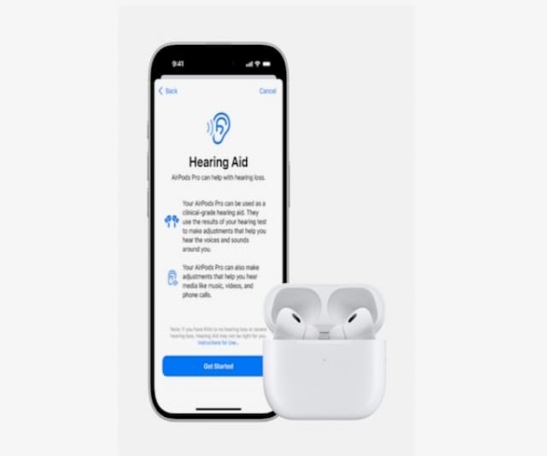 AirPods with hearing aids built in and a smartphone showing instructions 